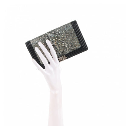 Chanel Metallic Galuchat Stingray Lambskin Yen Wallet Silver Black 2 of 7