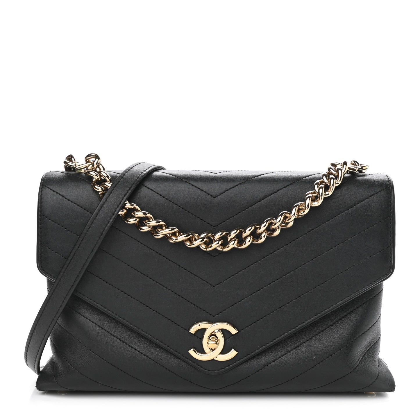 Calfskin Chevron Stitched Medium Coco Flap Bag Black