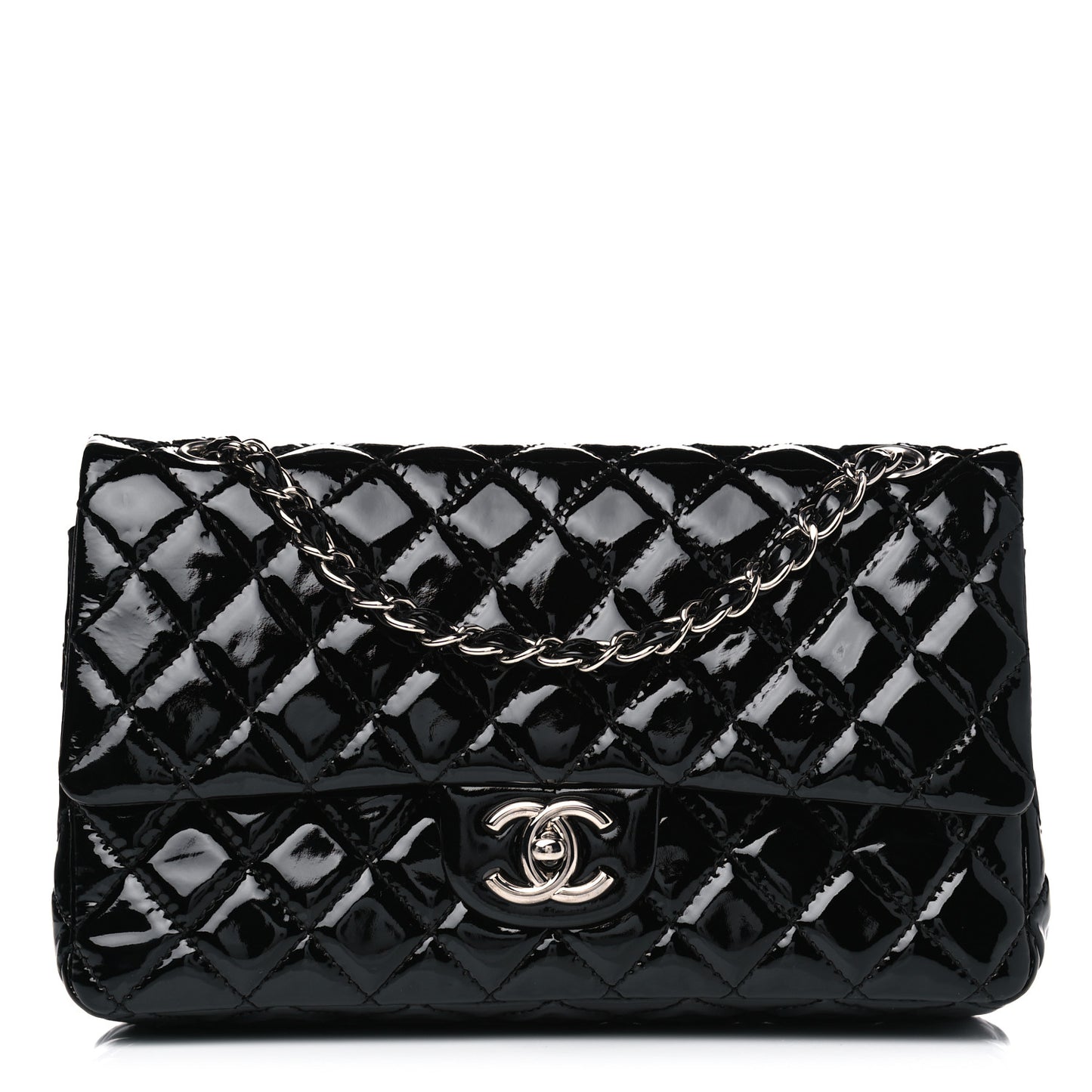 Patent Quilted Medium Double Flap Black