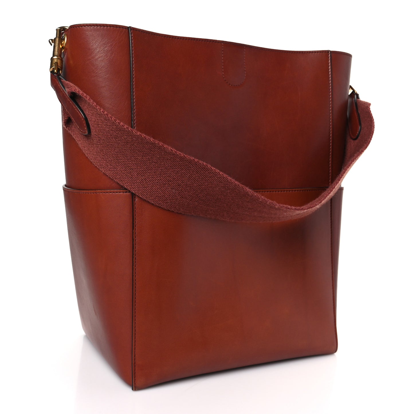 Natural Calfskin Sangle Bucket Bag Red Wood