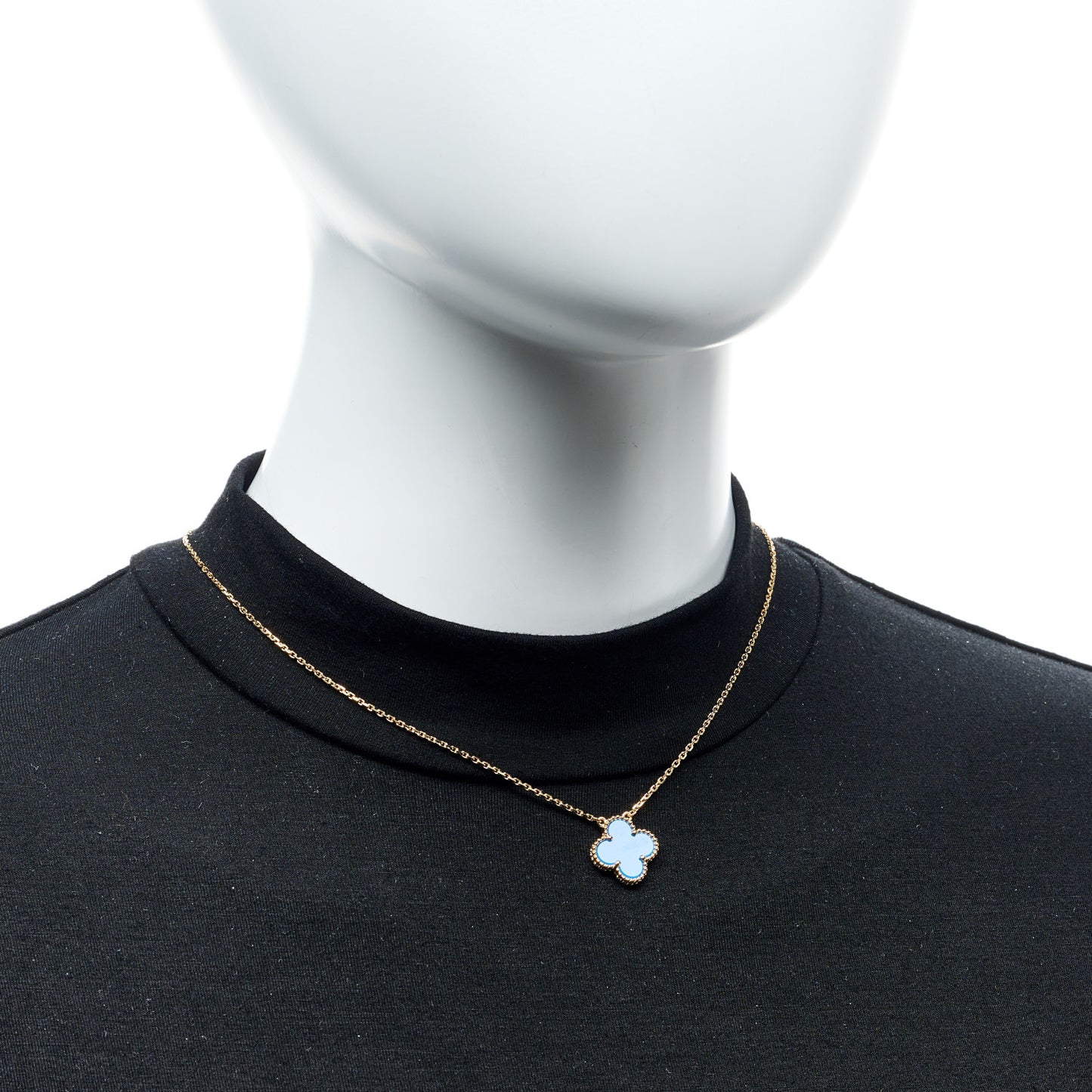 18K Yellow Gold Blue Agate Vintage Alhambra Pendant Necklace