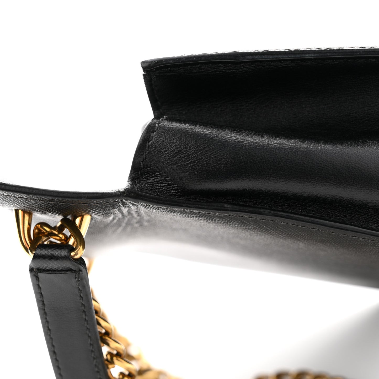Saffiano Soft Calfskin Metal Triangle Logo Envelope Chain Shoulder Bag Black