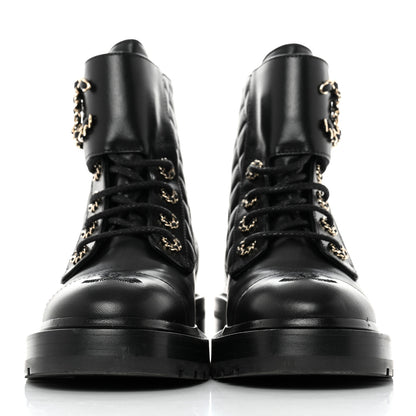 Chanel Shiny Calfskin Quilted Lace Up Combat Boots 36.5 Black 2 of 9
