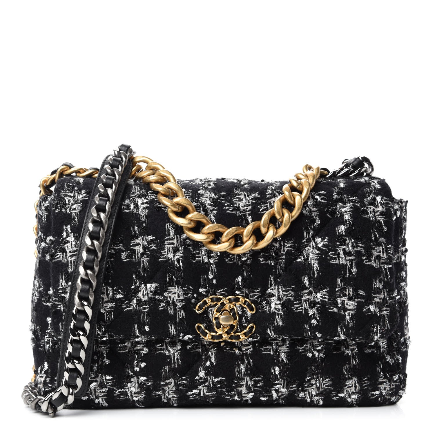 Chanel Tweed Quilted Large 19 Flap Black Ecru White 1 of 11