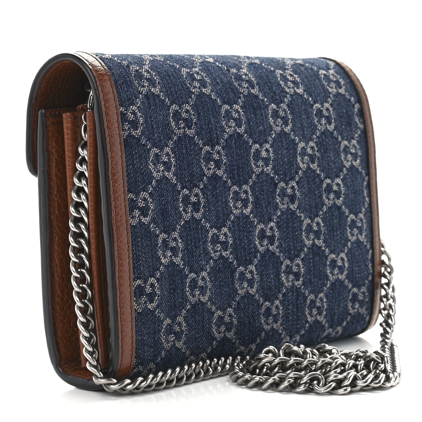 New Denim GG Monogram Dollar Calfskin Enamel Mini Dionysus Chain Wallet Blue Tea Cuir Epilog Electric Blue