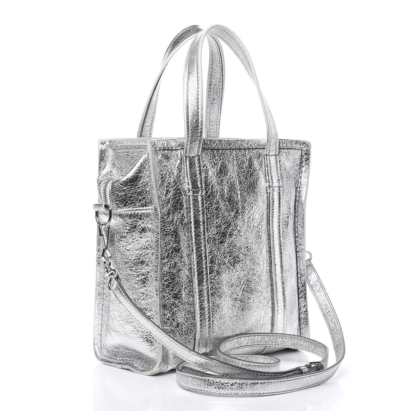 Metallic Calfskin S Bazar Shopper Tote Silver Hardware