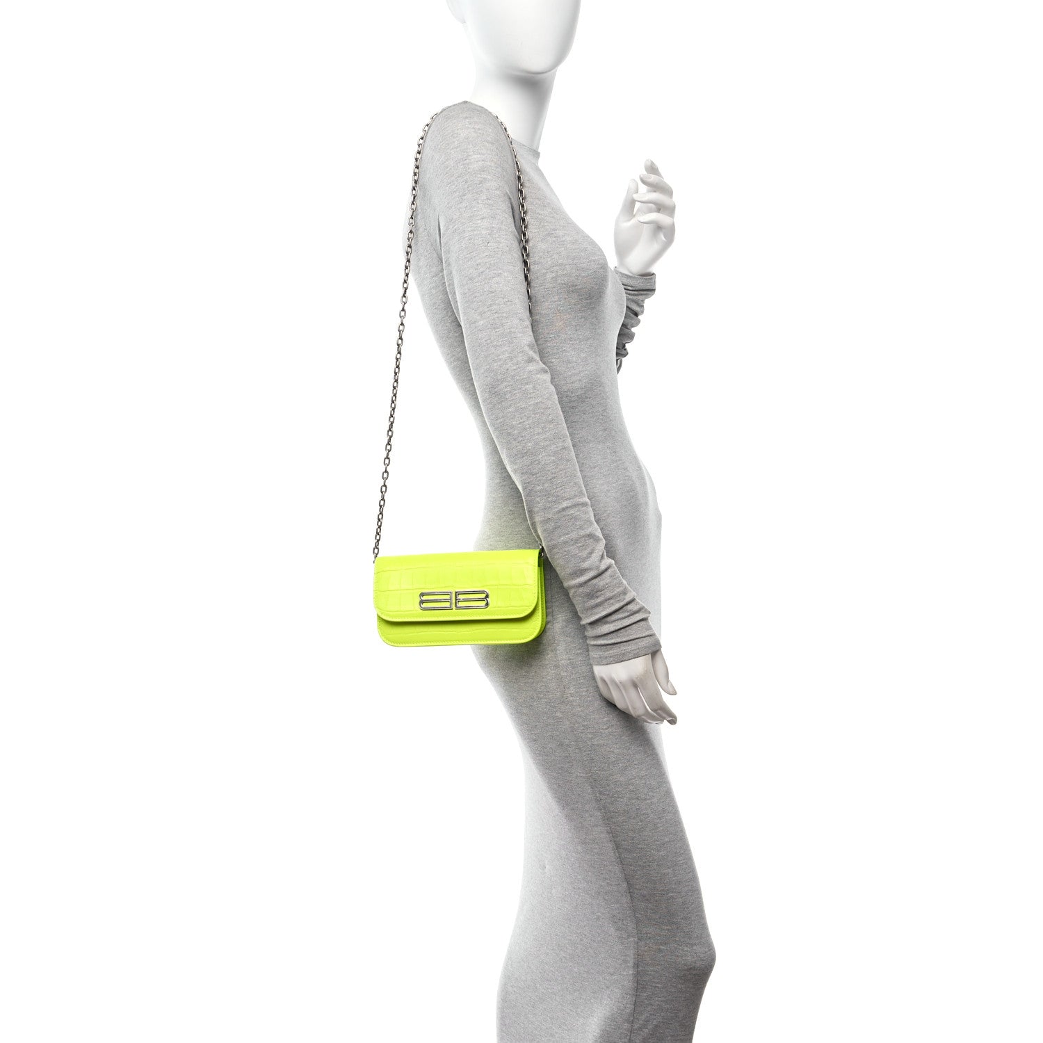Balenciaga Extra Supple Calfskin Crocodile Embossed Gossip Wallet On Chain Fluo Yellow 2 of 10
