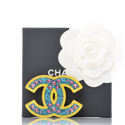 Chanel Resin Glitter Crystal CC Brooch Yellow Blue 5 of 5