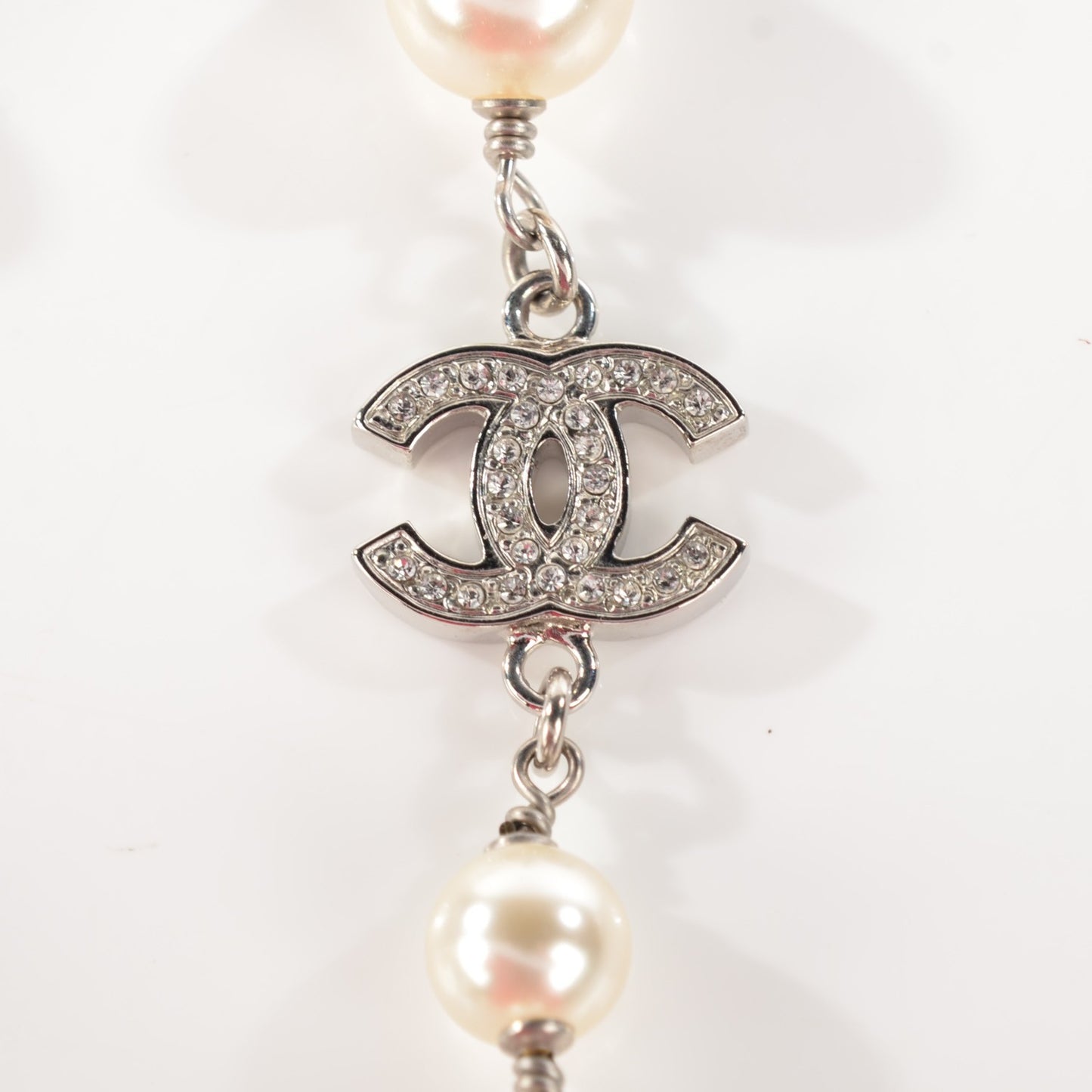 Graduated Pearl Crystal CC Long Necklace Silver
