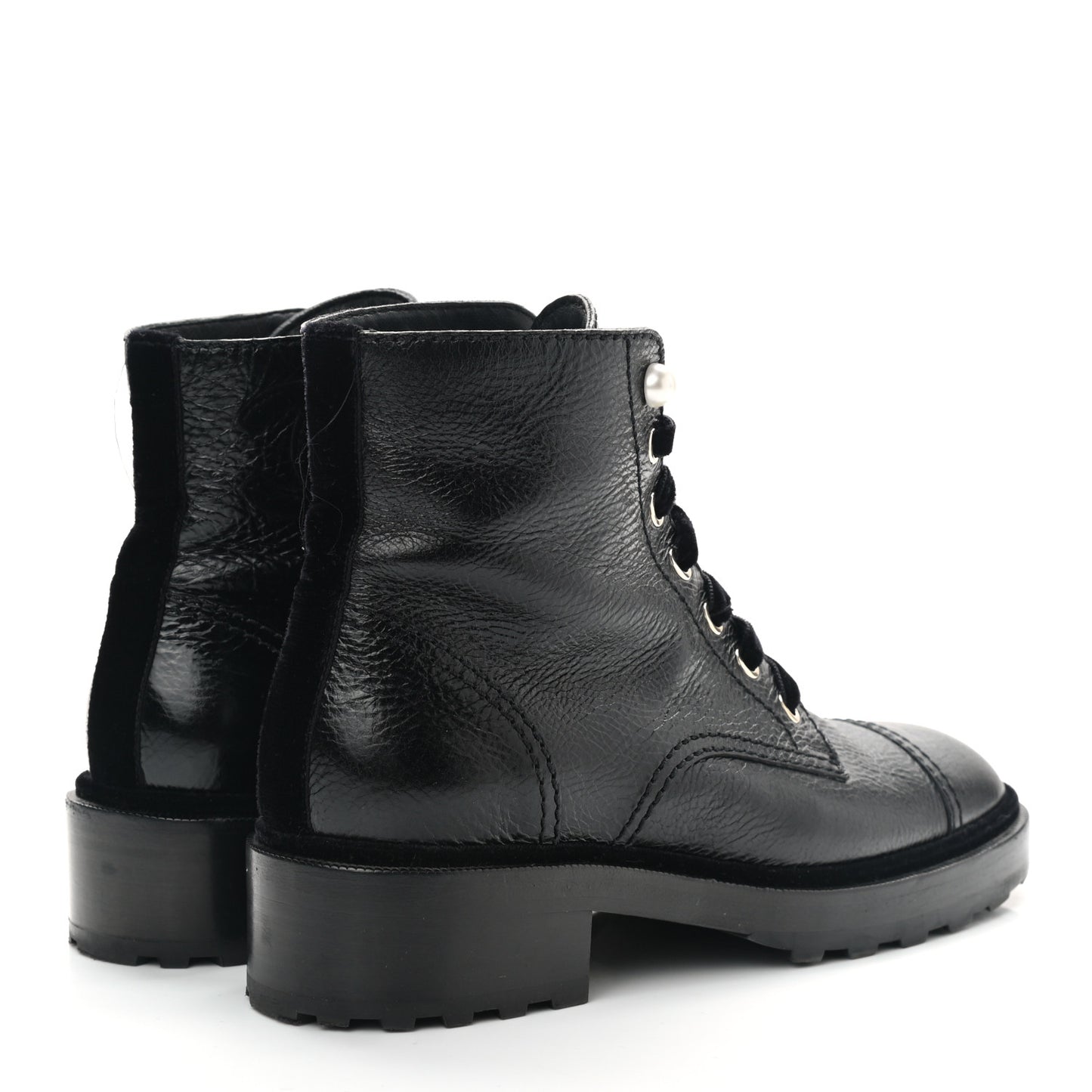 Shiny Calfskin Velvet Pearl Combat Short Boots 39 Black