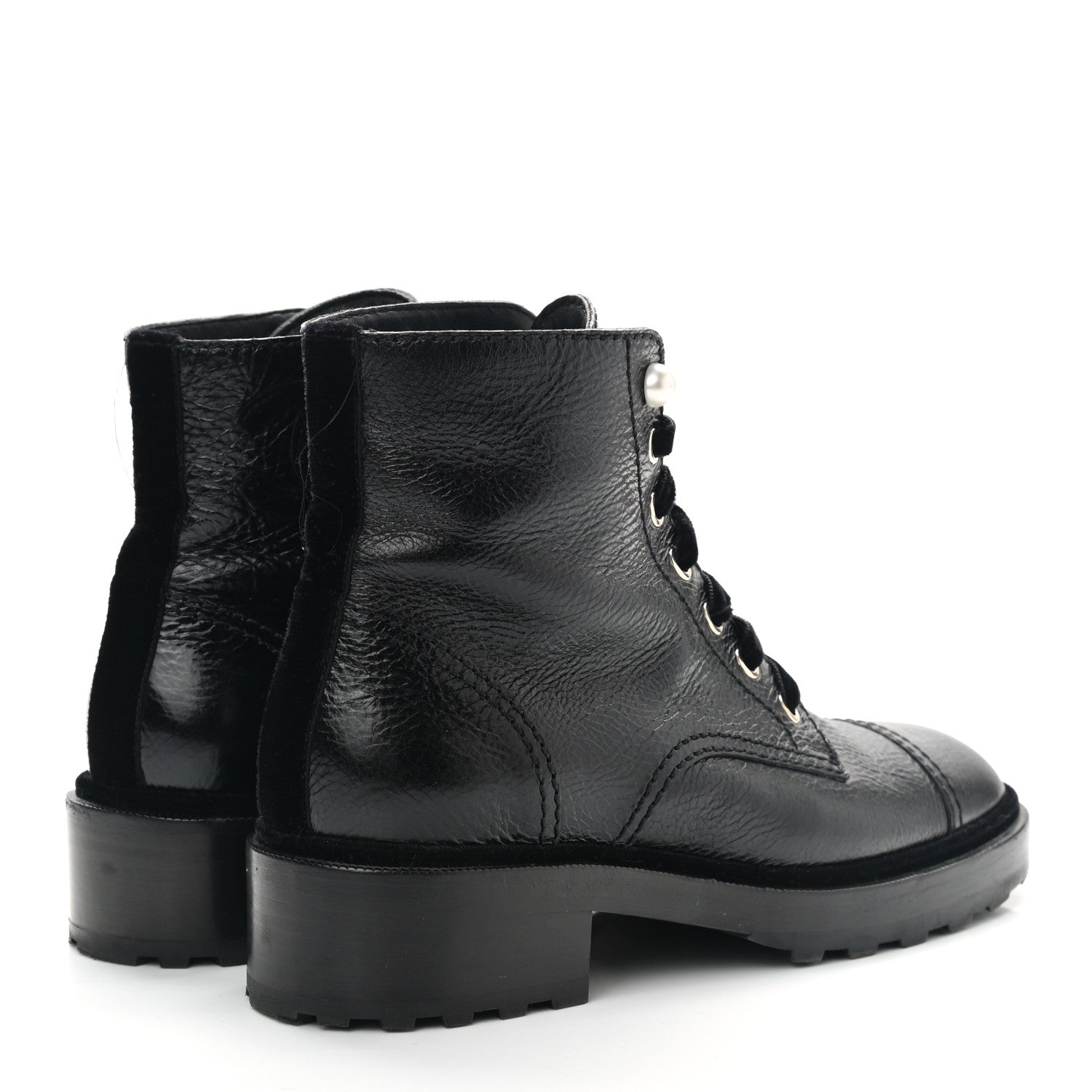 Chanel Shiny Calfskin Velvet Pearl Combat Short Boots 39 Black 4 of 10