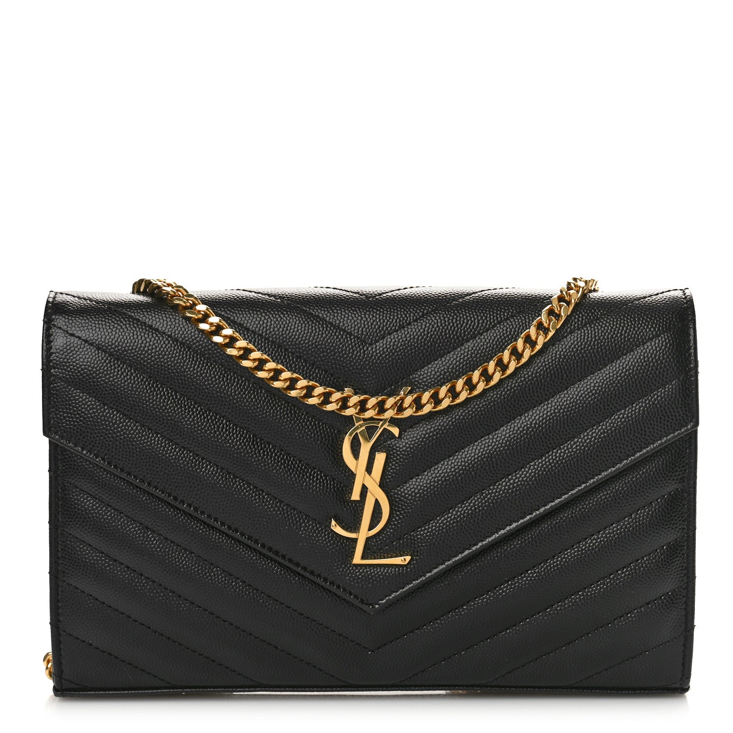 Saint Laurent Grain De Poudre Matelasse Chevron Monogram Chain Wallet Black 1 of 8