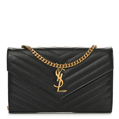Saint Laurent Grain De Poudre Matelasse Chevron Monogram Chain Wallet Black 1 of 8