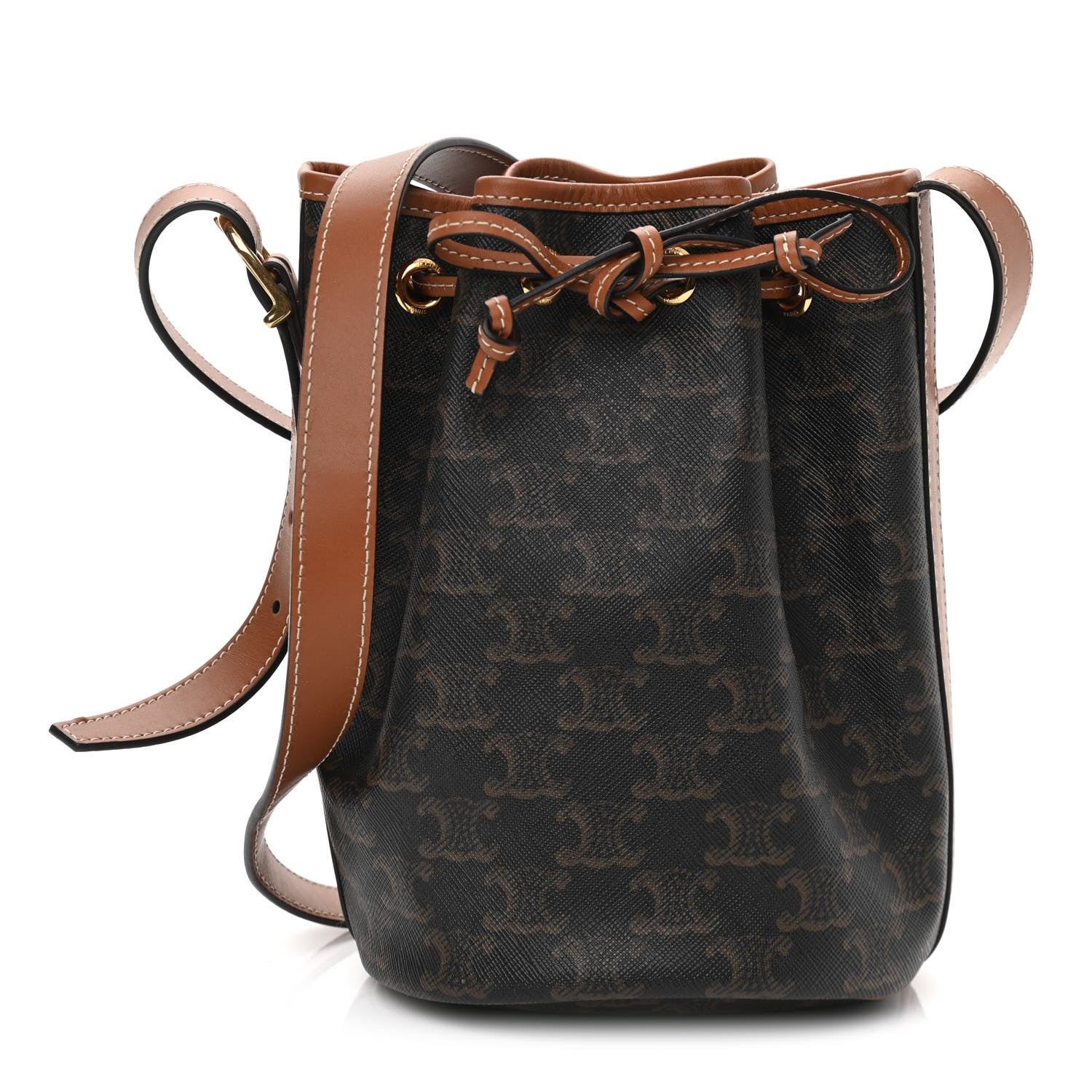 Celine Triomphe Canvas Calfskin Small Drawstring Bucket Bag Tan 1 of 11
