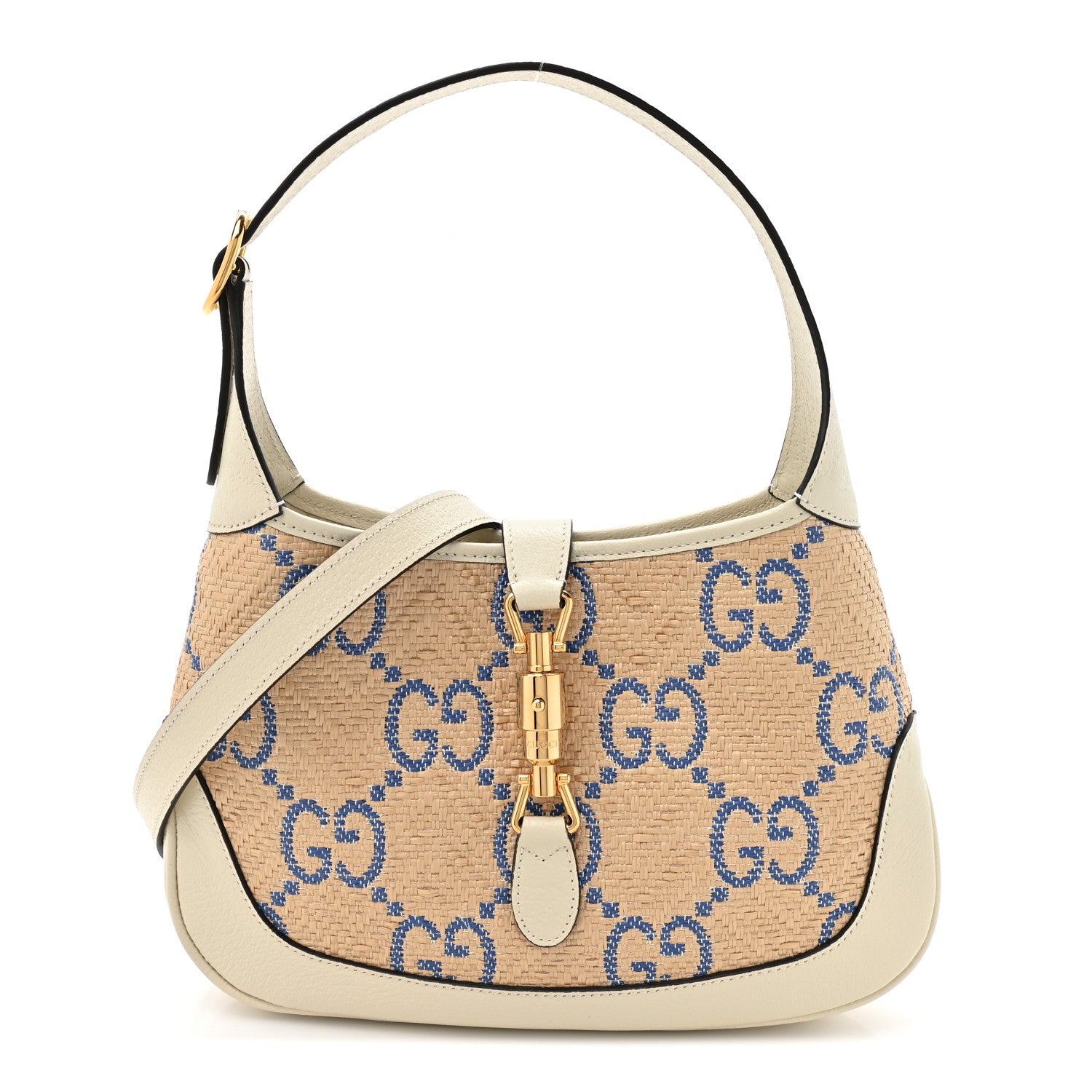 Gucci Raffia Textured Dollar Calfskin GG Monogram Small Jackie 1961 Hobo Mystic White Royale Natural 1 of 13