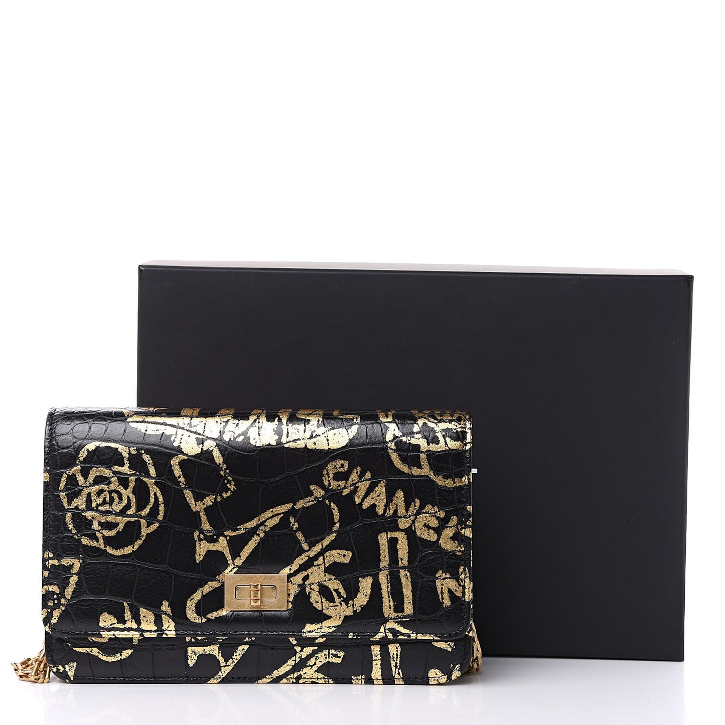 Calfskin Crocodile Embossed Graffiti 2.55 Cocodile Reissue Wallet On Chain WOC Black Gold