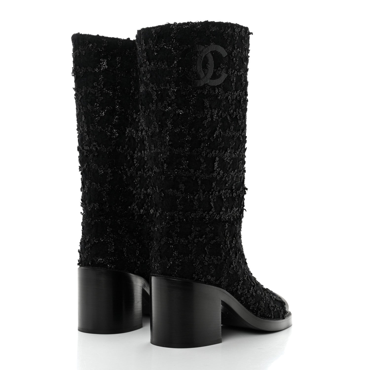 Chanel Iridescent Wool Silk Tweed Calfskin CC Cap Toe High Boots 39 Black 4 of 9