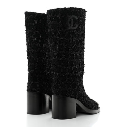 Chanel Iridescent Wool Silk Tweed Calfskin CC Cap Toe High Boots 39 Black 4 of 9