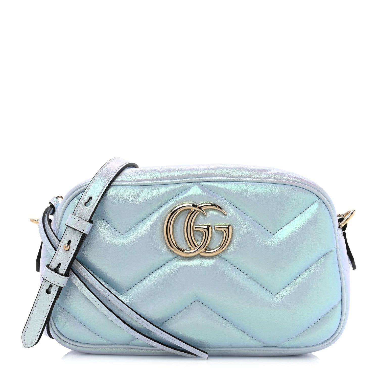Gucci Iridescent Nappa Chevron Matelasse Small GG Marmont Chain Shoulder Bag Iridescent Snow Light Blue 1 of 9