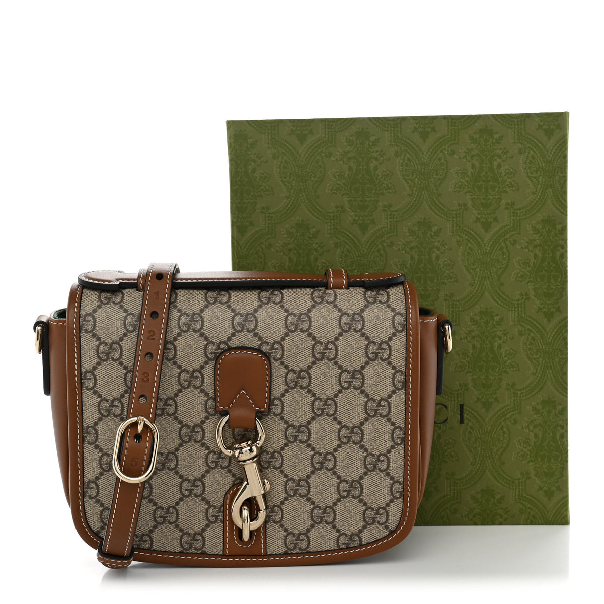 Gucci GG Supreme Monogram Textured Calfskin Emblem Mini Shoulder Bag Beige Dark Brown 11 of 11