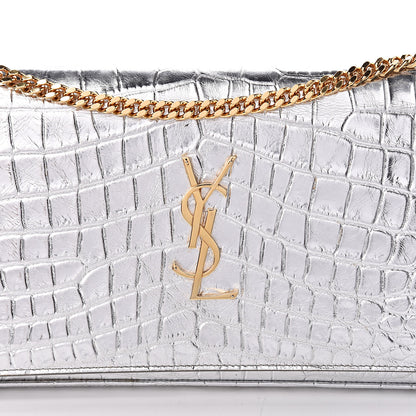 Saint Laurent Calfskin Crocodile Embossed Monogram Chain Wallet Argento 10 of 13