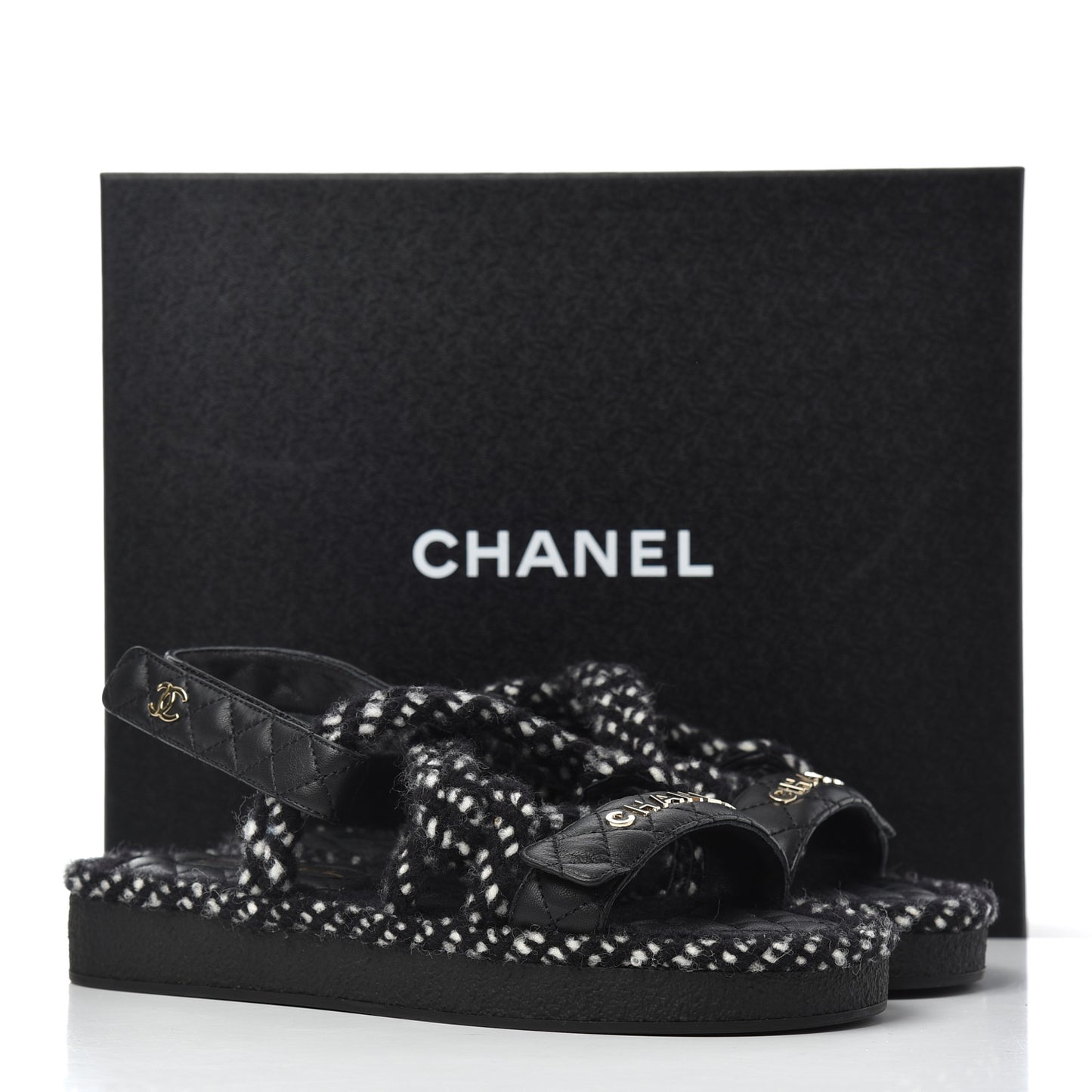 Cord Lambskin Quilted Logo Sandals 39 Black White