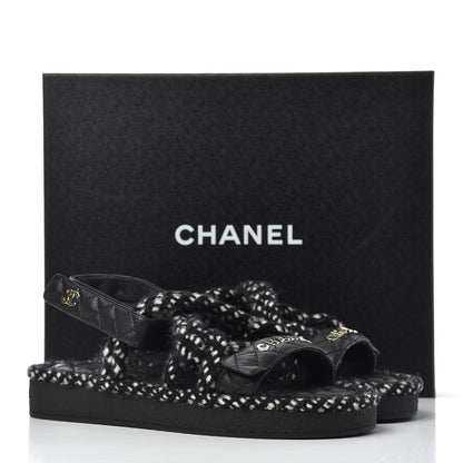Chanel Cord Lambskin Quilted Logo Sandals 39 Black White 9 of 9