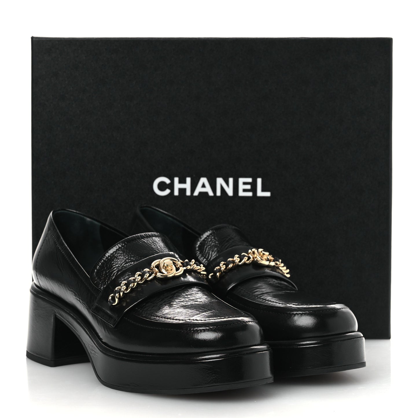 Shiny Calfskin Logo Loafers 38 Black