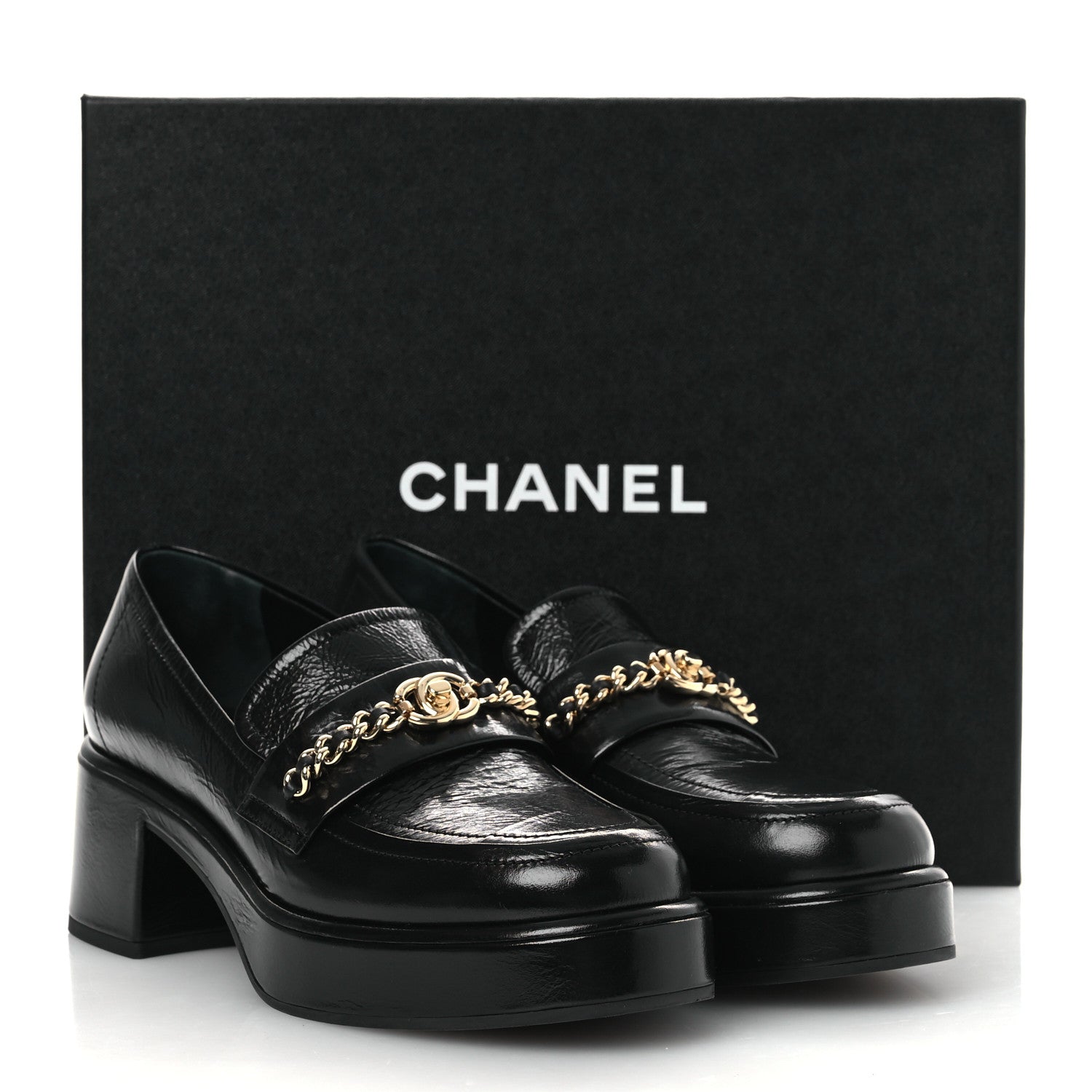 Chanel Shiny Calfskin Logo Loafers 38 Black 11 of 11