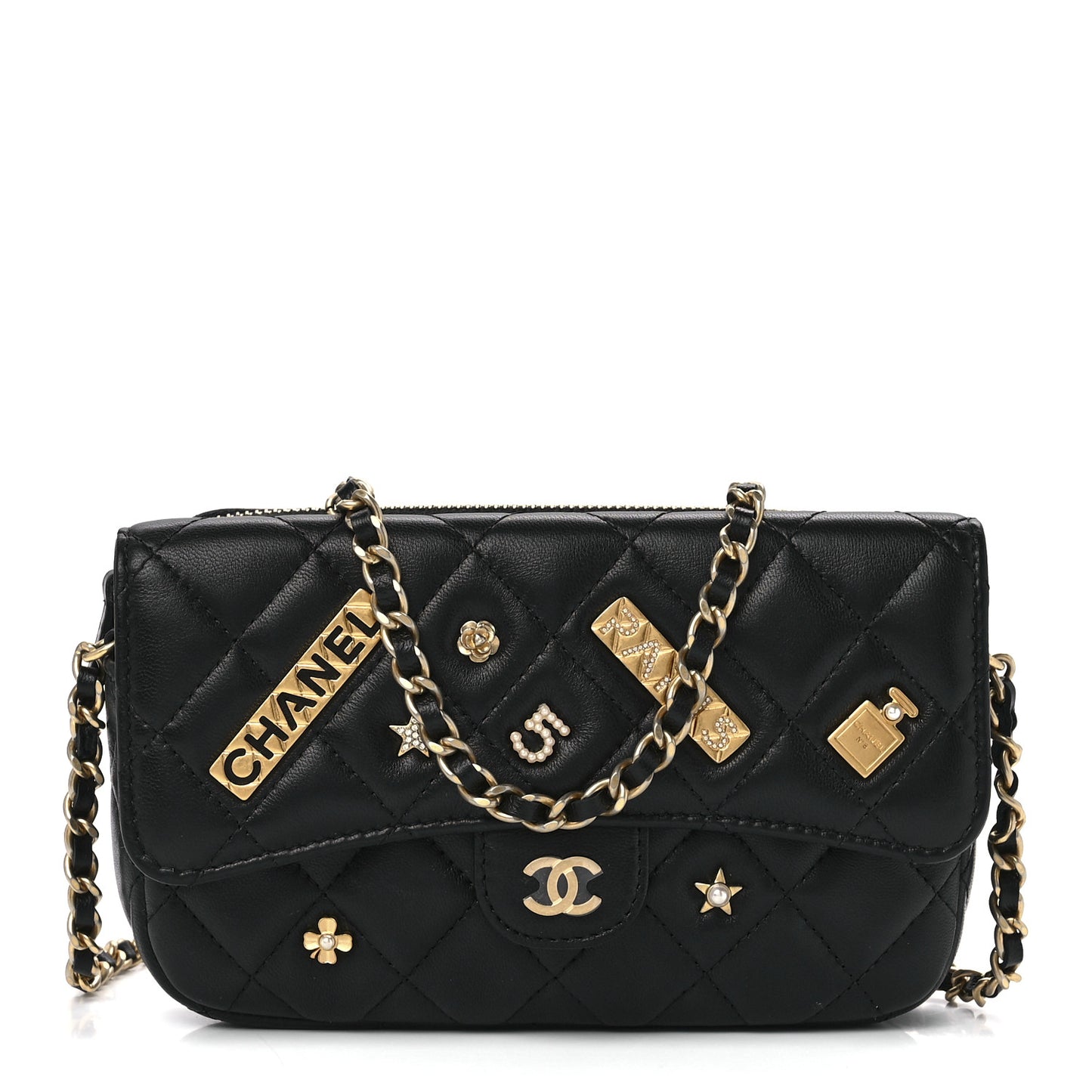 Lambskin Quilted Charm Flap Phone Holder With Chain Black