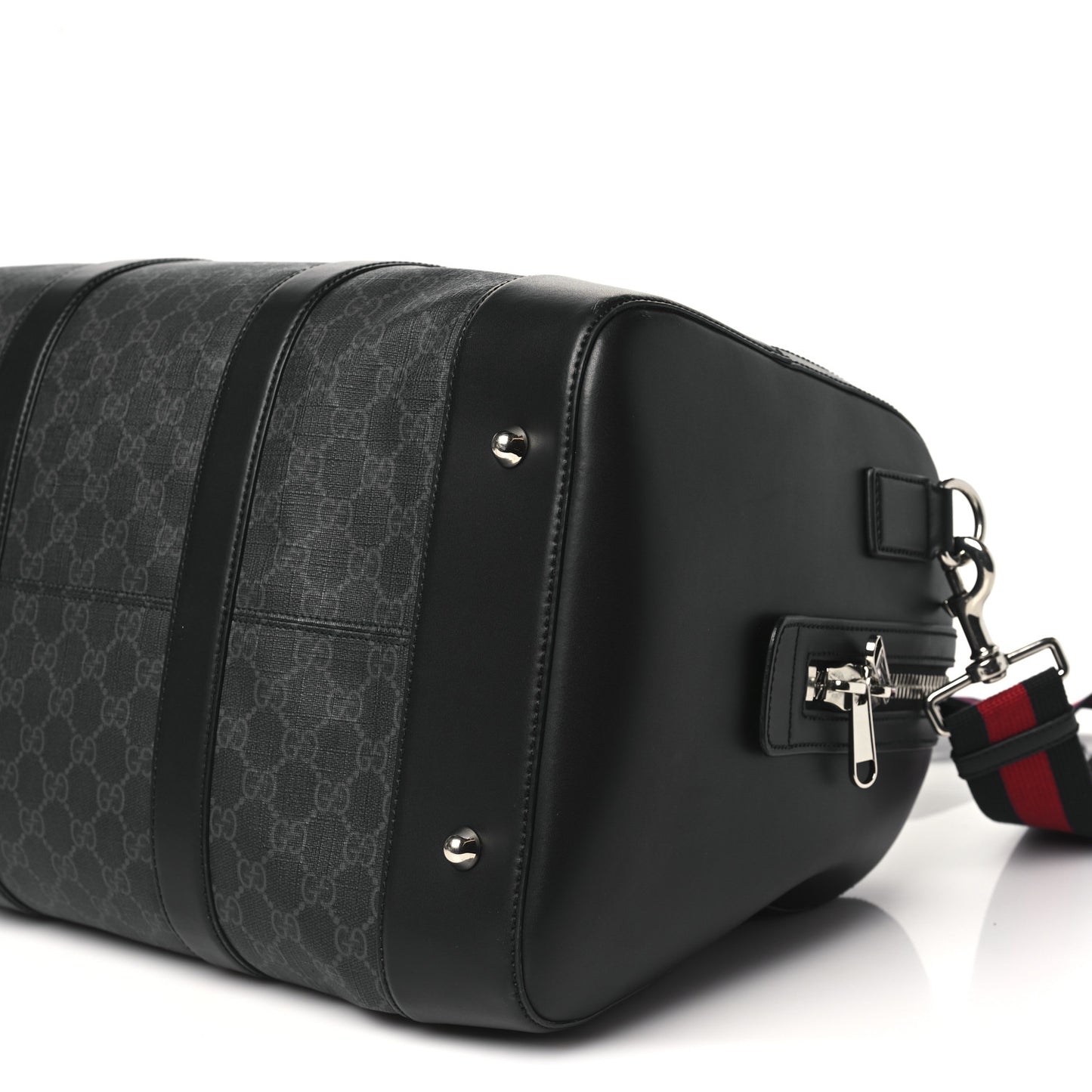 Soft GG Supreme Monogram Appia Calfskin Web Medium Carry On Duffle Bag Black Grey