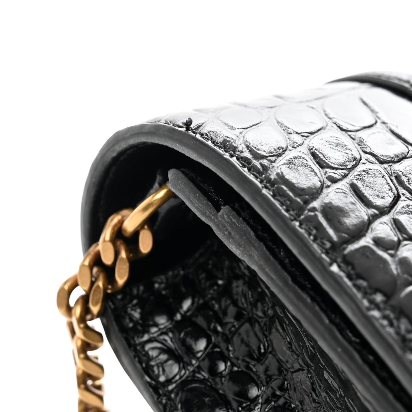 Shiny Calfskin Crocodile Embossed Hourglass Chain Bag Black
