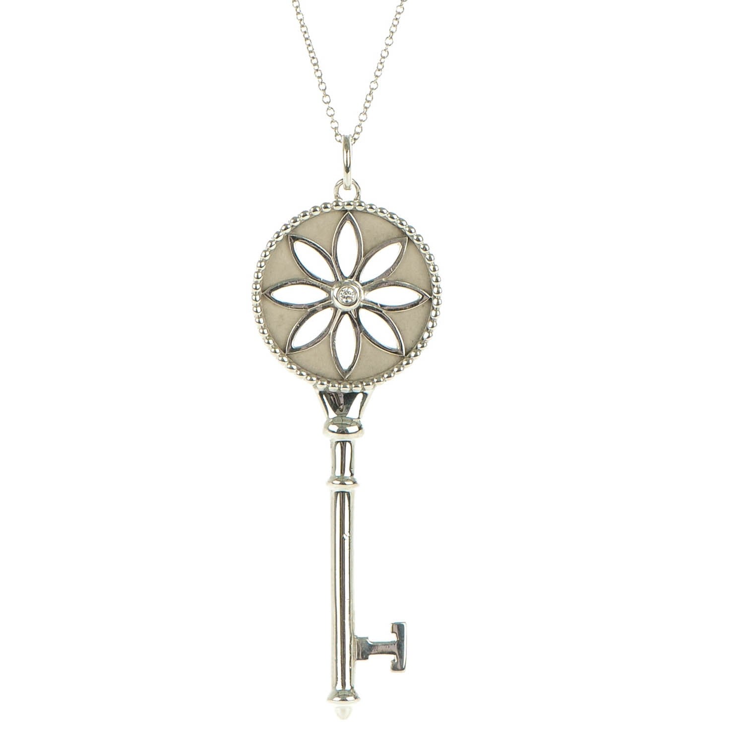 Tiffany Sterling Silver Diamond Large Daisy Key Pendant Necklace 3 of 7