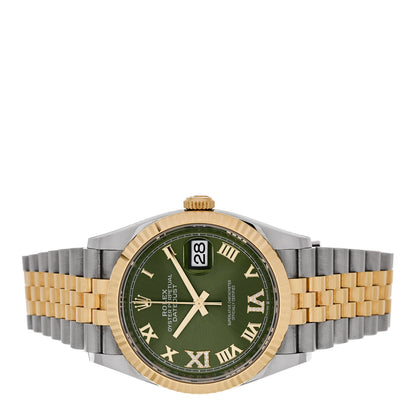 Rolex Stainless Steel 18K Yellow Gold Diamond 36mm Oyster Perpetual Datejust Watch Olive Green Roman 126233 2 of 5