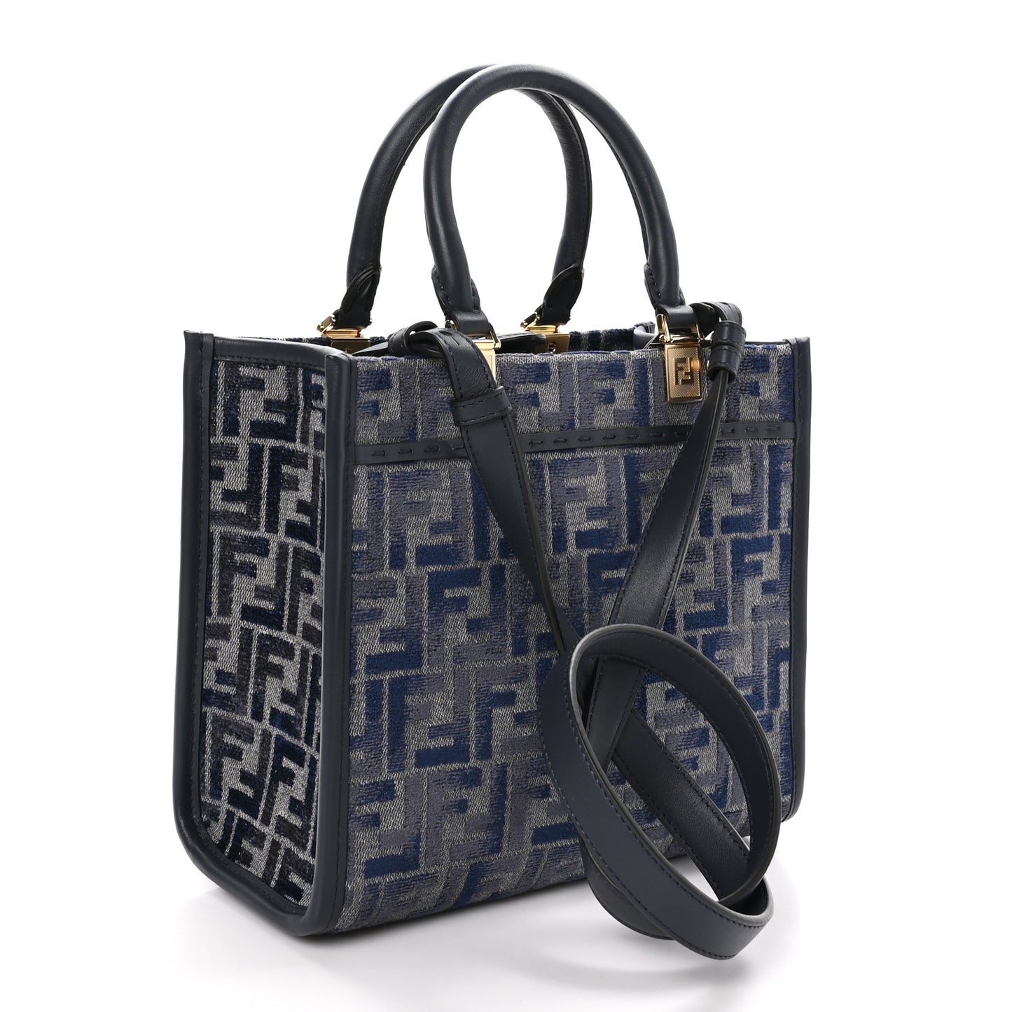 Chenille Vitello Grace FF Embroidered Small Fendi Sunshine Shopper Tote Dark Blue Grey