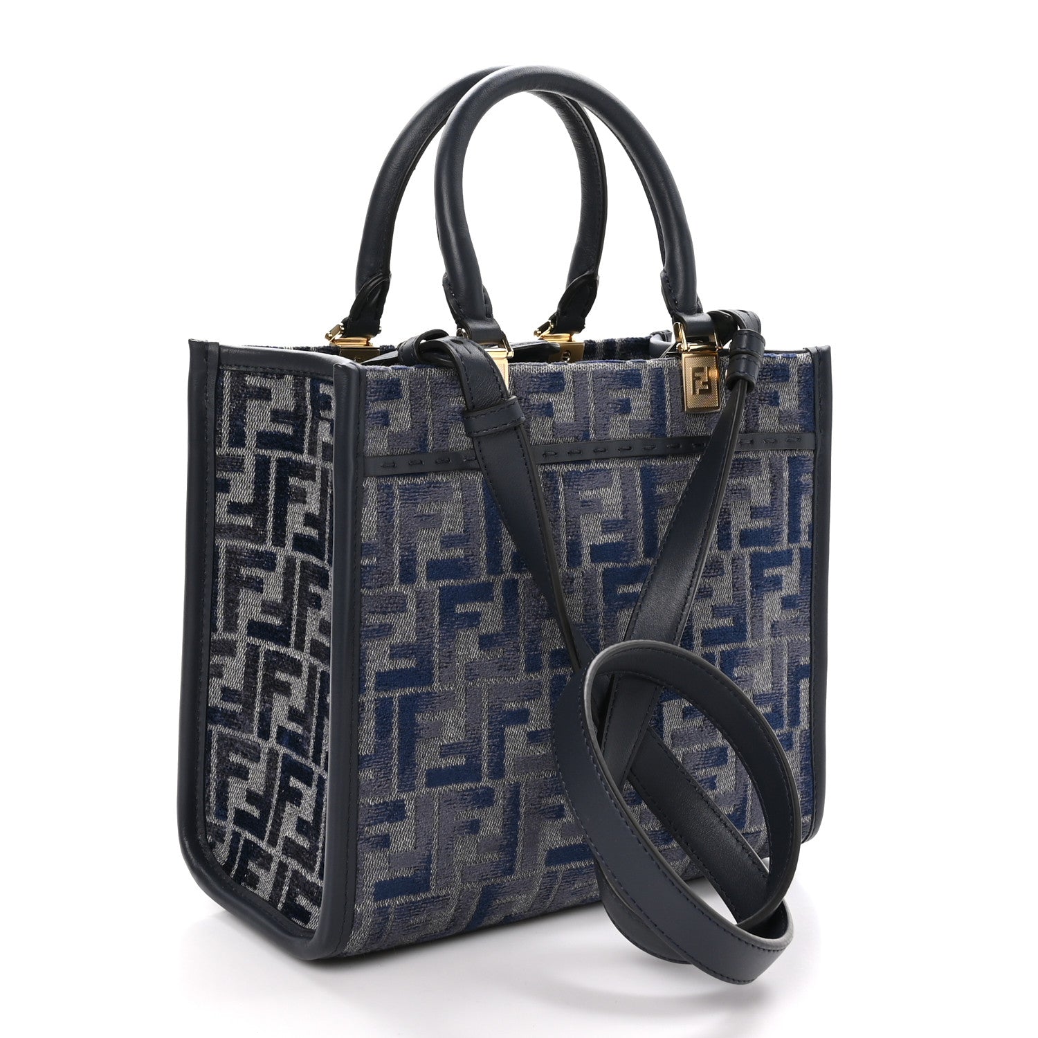Fendi Chenille Vitello Grace FF Embroidered Small Fendi Sunshine Shopper Tote Dark Blue Grey 3 of 10