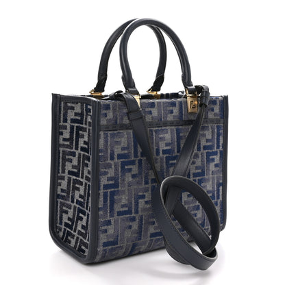 Fendi Chenille Vitello Grace FF Embroidered Small Fendi Sunshine Shopper Tote Dark Blue Grey 3 of 10