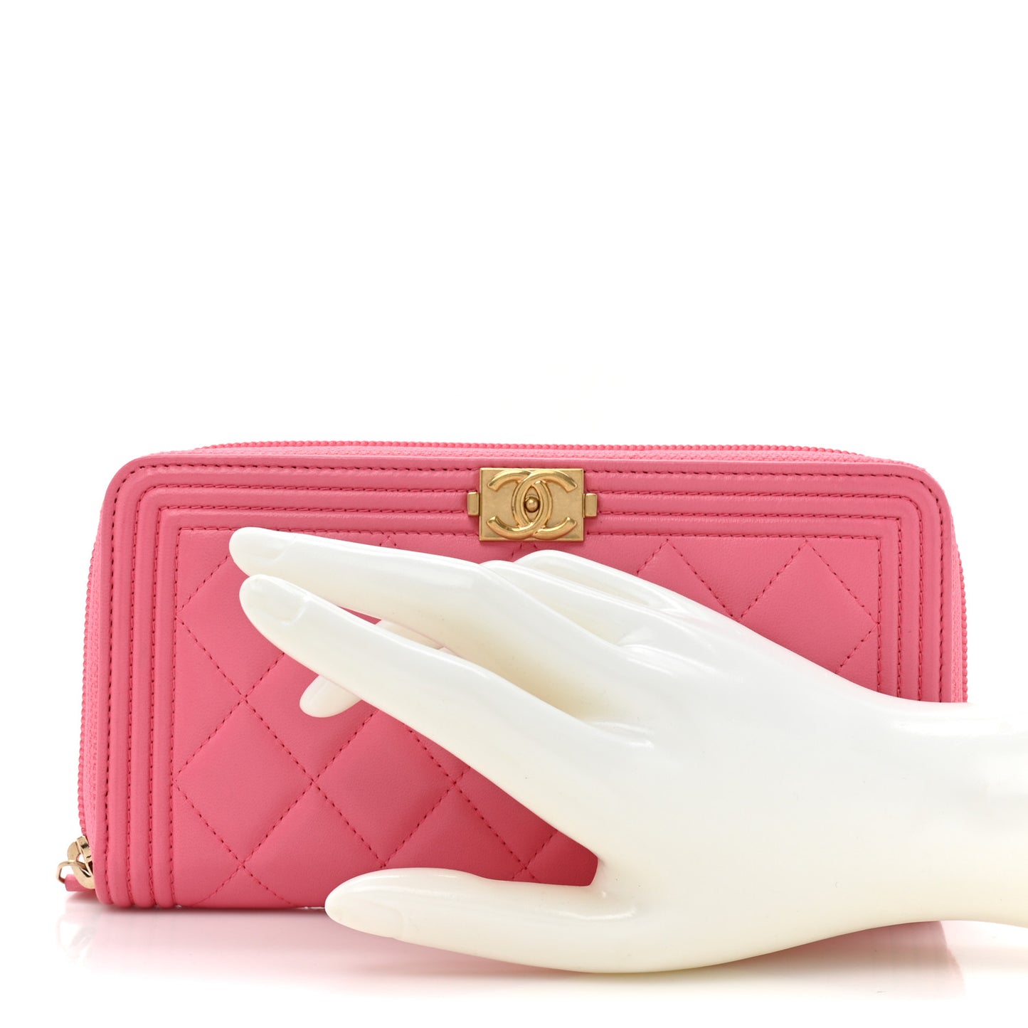 Lambskin Quilted Boy Zip Around Wallet Pink