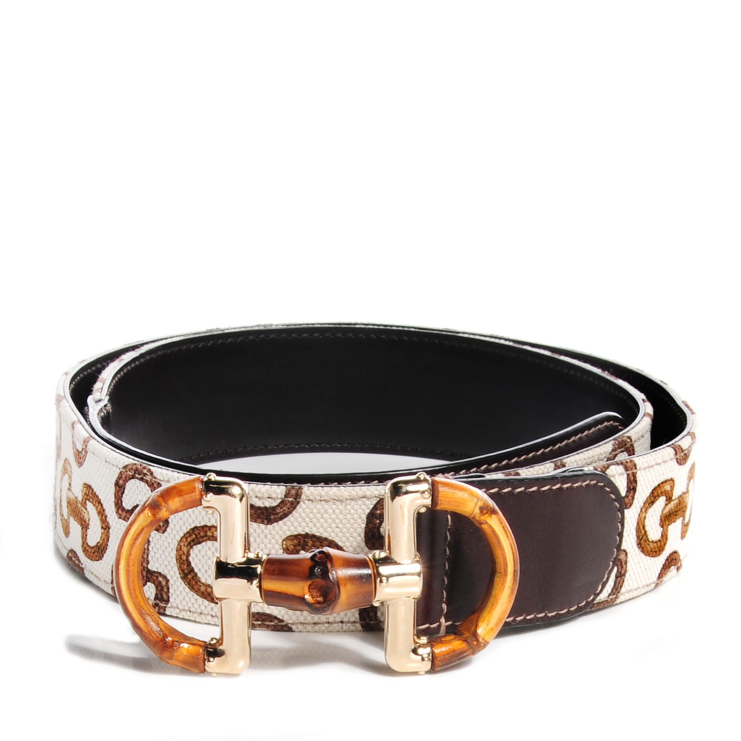 Gucci Leather Canvas Bamboo Horsebit Print Belt 95 38 Brown 8 of 11