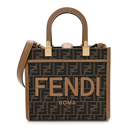 Fendi Fabric Jacquard FF 1974 Logo Small Fendi Sunshine Shopper Tote Tobacco Moro Sand 1 of 11