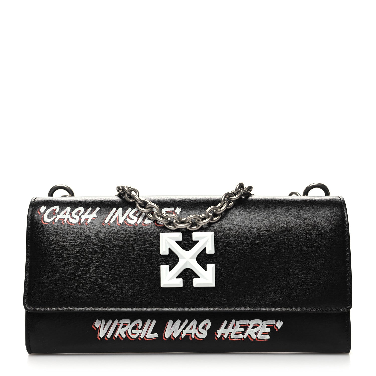 Off-White Calfskin Jitney Logo Flap Wallet On Chain Black 1 of 12