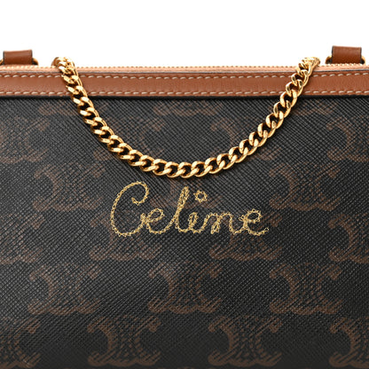 Celine Lambskin Triomphe Canvas Embroidered Logo Clutch With Chain Tan 6 of 11
