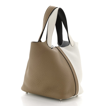Hermes Taurillon Clemence Casaque Picotin Lock 18 PM Beige Marfa New White Macassar 3 of 11