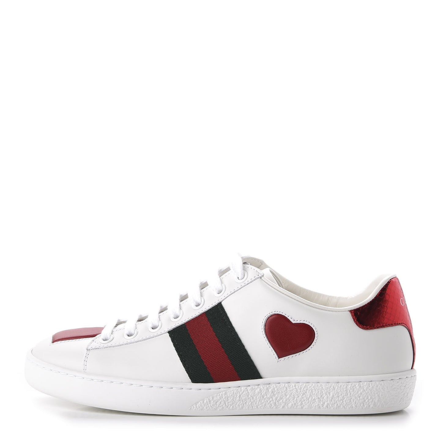 Calfskin Web Heart Embroidered Womens Ace Sneakers 36 White