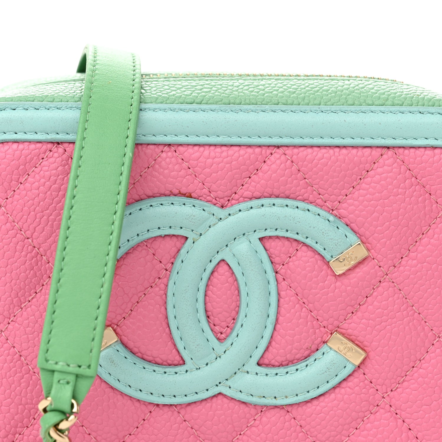 Chanel Caviar Quilted Filigree Vanity Clutch With Chain Pink Light Blue Green 8 of 11