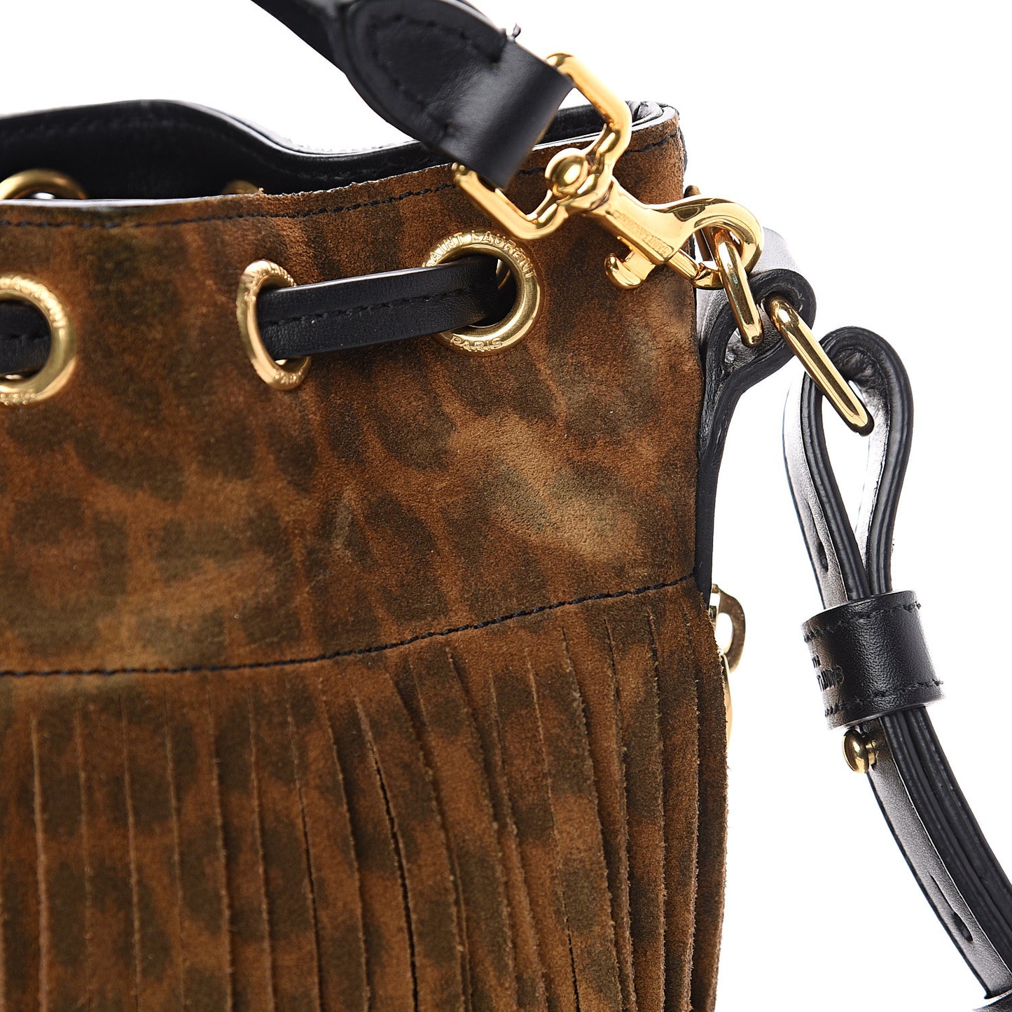 Suede Leopard Small Emmanuelle Fringe Bucket Bag Tan Black