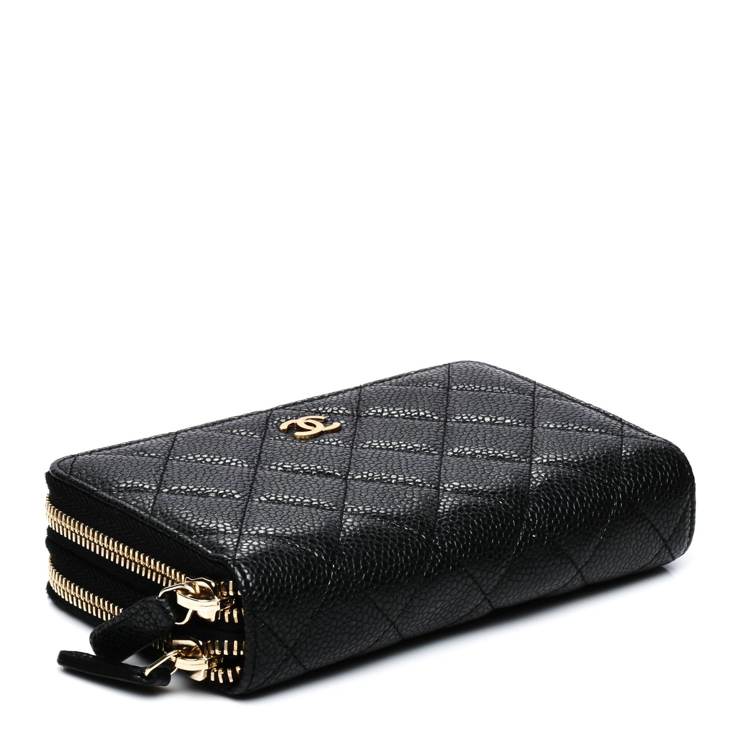 Caviar Quilted Large Gusset Double Zip Around Wallet Black