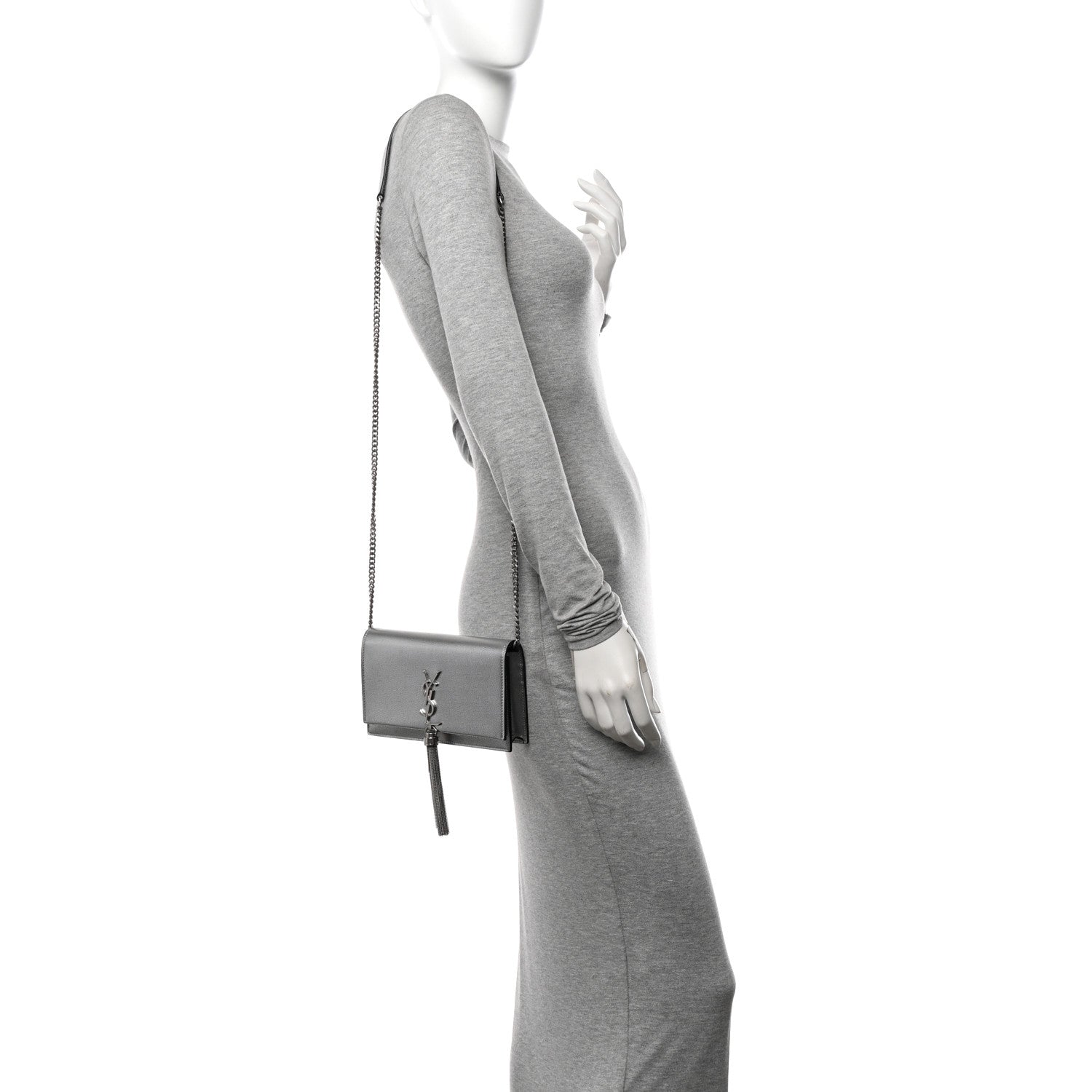 Saint Laurent Metallic Grain De Poudre Kate Monogram Tassel Chain Wallet Silver 2 of 11