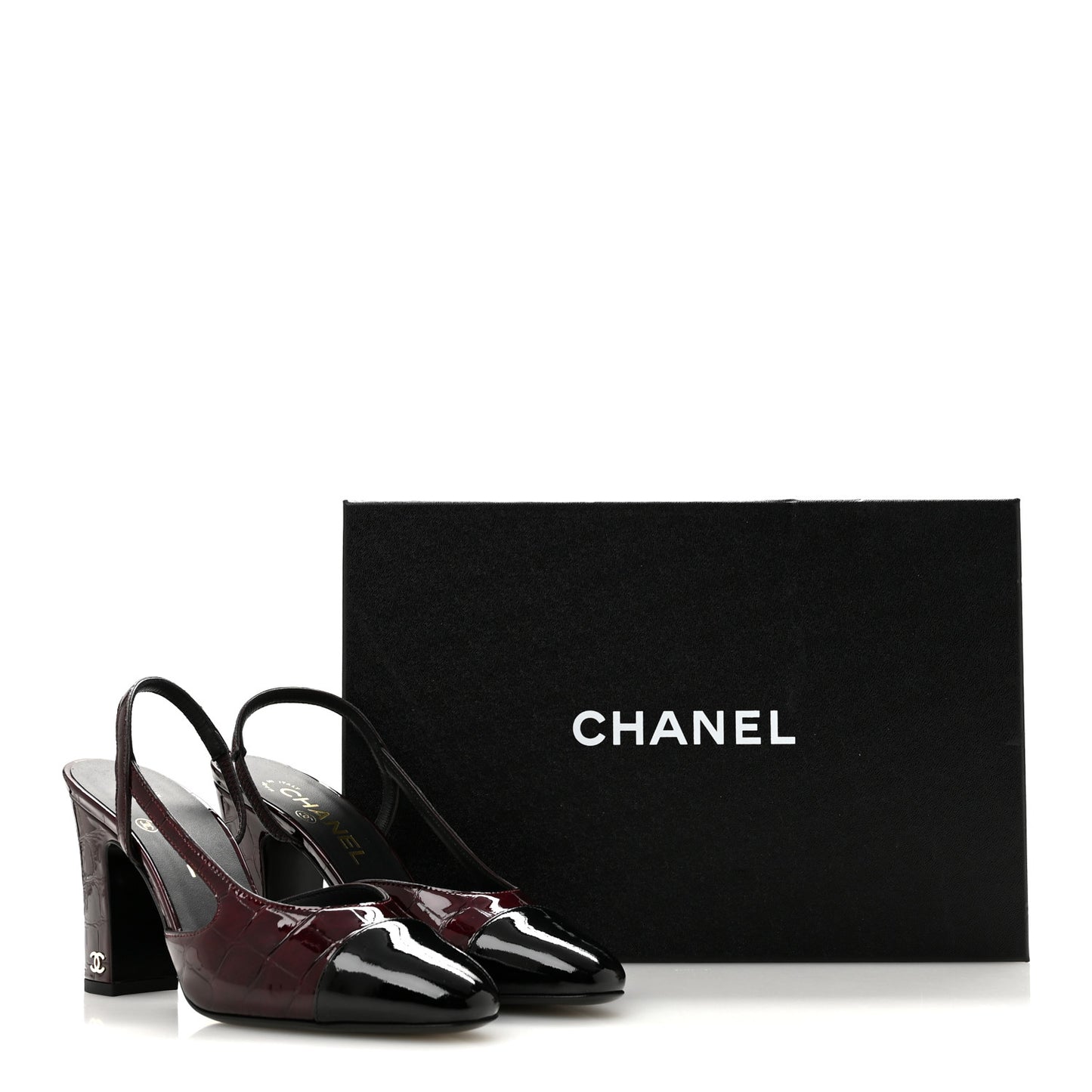 Patent Calfskin Crocodile Embossed Cap Toe CC Slingback Pumps 36.5 Dark Burgundy Black
