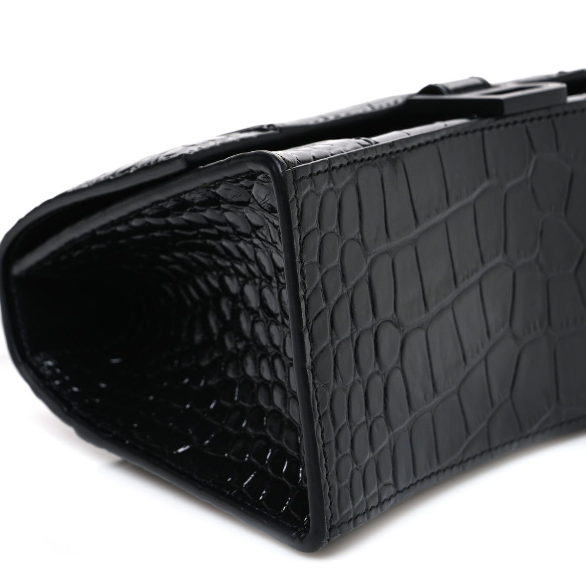 Shiny Calfskin Monochrome Crocodile Embossed Small Hourglass Top Handle Bag Black